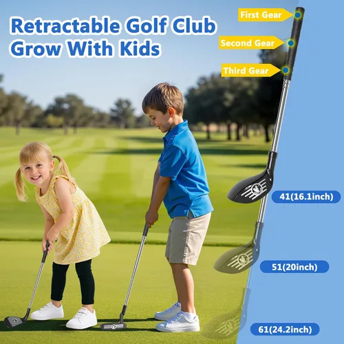 Vista 4 de Juego de golf para niños mejorado con palos de golf para niños con dinosaurio, devueltor automático de golf para niños pequeños con bolas luminosas