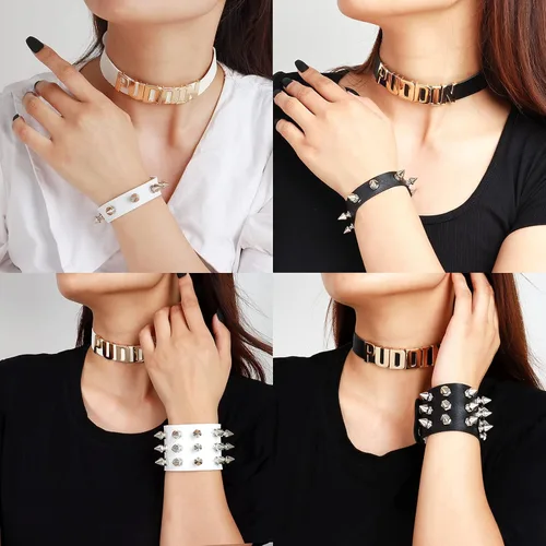 Vista 2 de YANCHUN Puddin Necklace Bracelet Set Puddin Choker Jewelry Halloween Choker Bracelet Set Halloween Collar Punk Leather Bracelet for Women Party