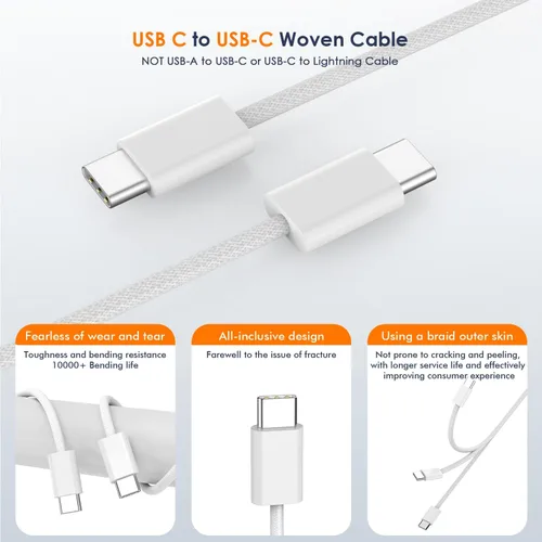 Vista 5 de Carga para iPhone 16/15, carga rápida iPhone 16/15, paquete de 2 adaptadores de carga de pared tipo C, bloque de carga USB C, cable tejido USB-C a C