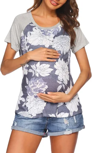 Vista 3 de Ekouaer Camisetas de maternidad para mujer, manga raglán, doble capa, para embarazo, verano
