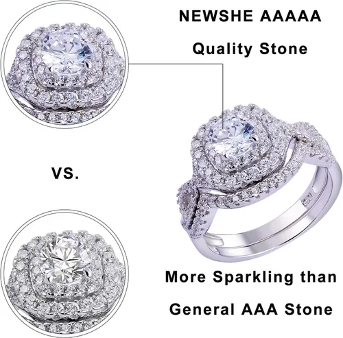 Vista 4 de Newshe - Juego de anillos de compromiso para mujer, plata esterlina 925 de 1.8 quilates, redondo, blanco, AAA Cz, tamaño 5-10