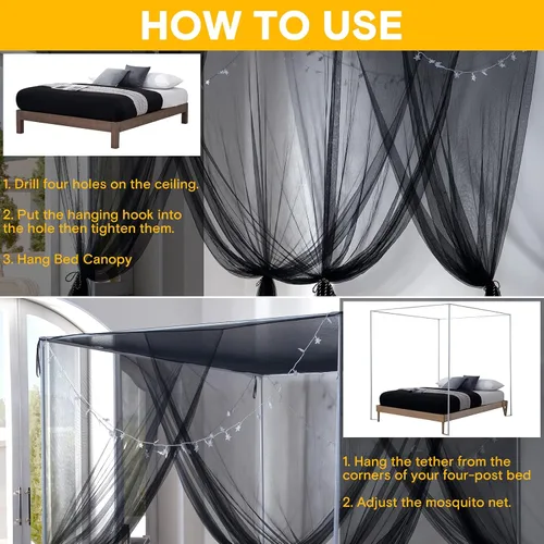 Vista 5 de Twinkle Star Mosquitera de 4 esquinas con 100 luces LED de estrella, funciona con pilas, cortinas de cama para cama