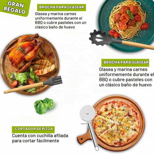 Vista 5 de Umite Chef 36 utensilios de cocina de silicona con soporte, juegos de utensilios de cocina resistentes al calor, mango de madera, utensilios de Gris