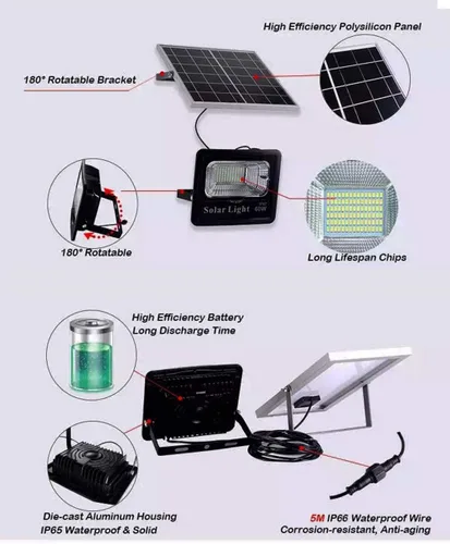 Vista 4 de BSOD Foco solar de 40 W para exteriores, máximo 4485 lm, IP66, impermeable, con control remoto, reflector LED con batería incorporada, lámpara