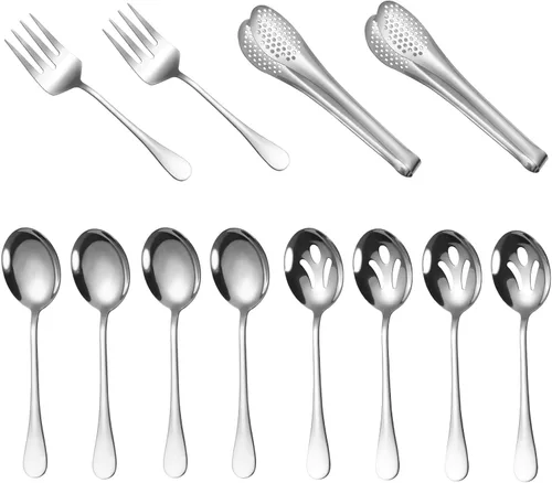 Vista 7 de Utensilios negros para servir, juego de 8 utensilios de acero inoxidable para servir, incluye cucharas de servir, tenedor de servir, cucharón
