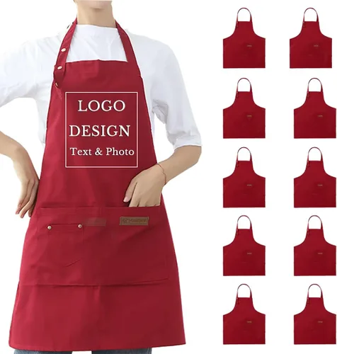 Vista 7 de Delantal personalizado para hombres y mujeres, delantales de lona de cocina personalizados con bolsillos, nombre, texto, logotipo, imagen