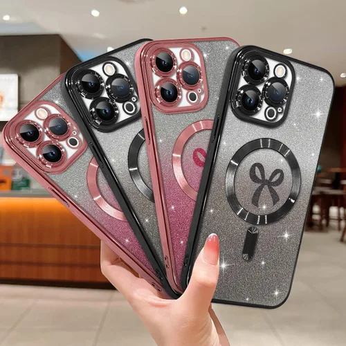 Vista 6 de Funda magnética para iPhone 15 Pro Max, [compatible con Magsafe] Bonita funda con lazo de cinta para mujeres y niñas, a prueba de golpes, funda