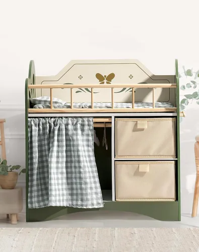 Vista 8 de ROBOTIME Cuna de muñeca de bebé, cama de madera para muñecas, cuna de bebé de juguete con almacenamiento, ropa de cama y ganchos de madera, cuna