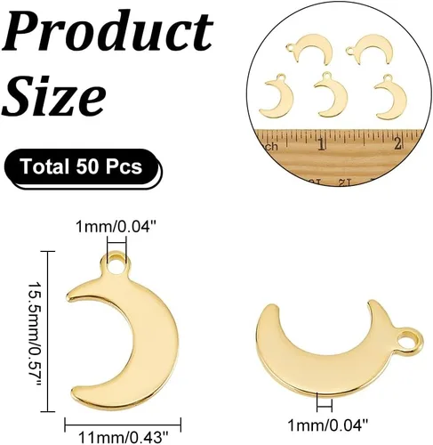 Vista 4 de UNICRAFTALE 50 dijes de luna de acero inoxidable, dijes dorados para hacer joyas, colgantes para collares, pulseras, aretes, manualidades, agujero