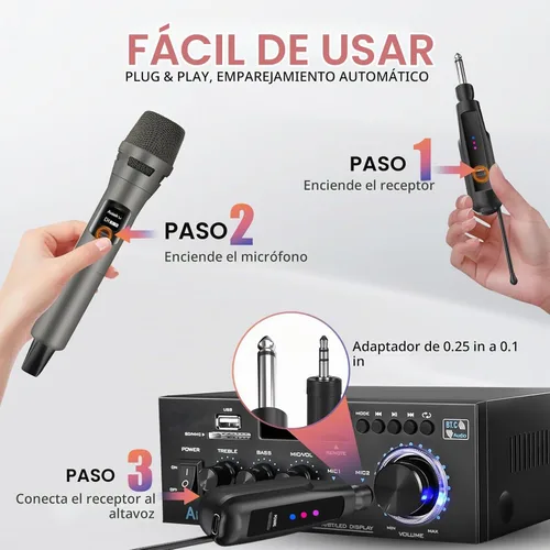 Vista 4 de Sistema de micrófono inalámbrico Aveek de 2.4GHz, micrófonos recargables y receptor, plug & play para máquina de karaoke, altavoces de fiesta