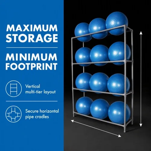 Vista 4 de Fitness First Estante de almacenamiento de metal para bolas de equilibrio, construcción de tubería de metal resistente, fácil montaje, diseño