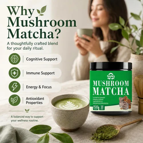 Vista 6 de Suiyilary Matcha de hongos, té matcha ceremonial en polvo con 7 hongos superalimentos, sin gluten, sabor genial matcha caliente o frío último, 5.29