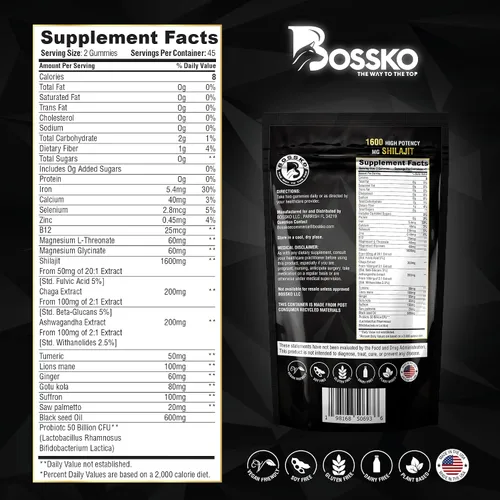 Vista 2 de Gomitas Shilajit puras del Himalaya de 3200 mg orgánicas para hombres y mujeres con probióticos y magnesio, Ashwagnadha Chaga, cúrcuma, ácido