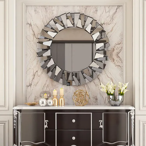 Vista 5 de Espejo Decorativo Redondo Plateado: 31.5 in Pared Vanity-Mirror Biselado Elegante espejo de cristal circular para baño con elegantes bordes