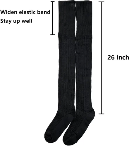 Vista 4 de Bestjybt Calcetines altos hasta el muslo para mujer de algodón con punto trenzado por encima de la rodilla, medias tipo bota, calentadores de Negro