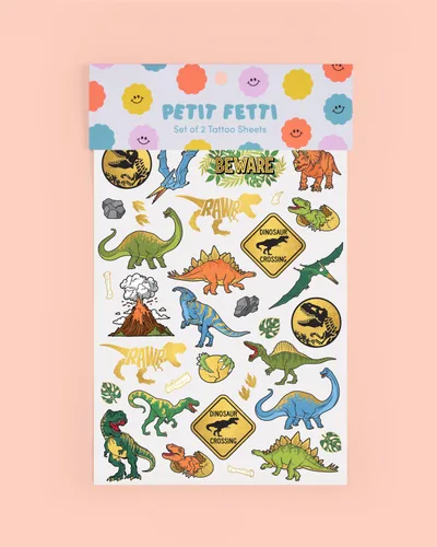 Vista 8 de xo, Fetti Tatuajes temporales de dinosaurios – Lámina dorada, 44 piezas Suministros para fiestas de cumpleaños jurásicas para niños, recuerdo