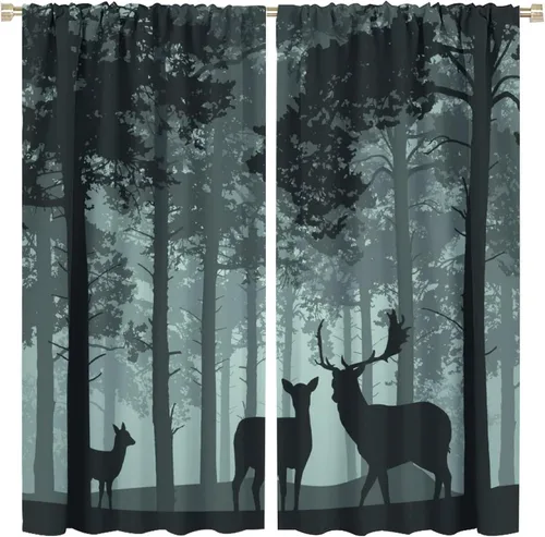 Vista 15 de Cortinas opacas con diseño de ciervos, bosque brumoso, rústico, vida silvestre, alce, montaña, pájaros, pino, bosque, cortinas de ventana