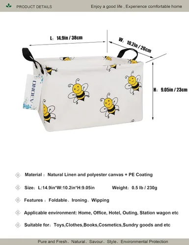 Vista 2 de Cesta de lavandería plegable rectangular, cesta de lona impermeable, cesta de regalo, adecuada para habitación de niños, oficina, ropa, Abeja