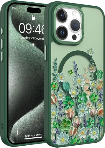 Vista 133 de Magnético para iPhone 13 con protector de pantalla [Compatible con MagSafe] Diseño de patrón floral de flores bonitas, funda delgada a prueba