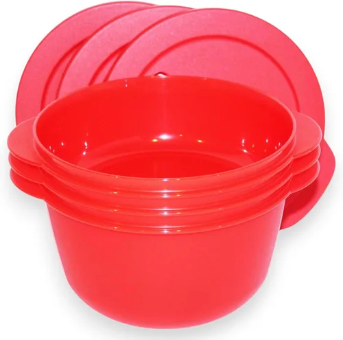 Vista 2 de Tupperware Juego de 3 cuencos para microondas Crystalwave de 4.25, 6.25 y 8.5 tazas, color rojo