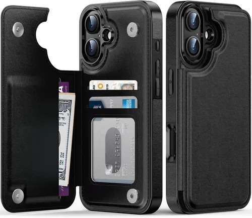Vista 133 de FUNMIKO Funda tipo cartera para iPhone 15 con tarjetero + clip para efectivo, bloqueo RFID, protección contra caídas de grado militar y obras