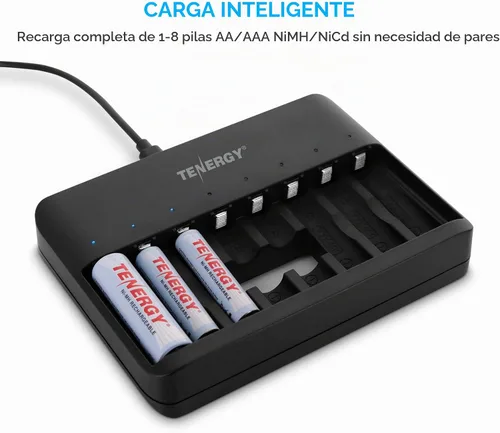 Vista 2 de Tenergy TN477U - Cargador rápido de 8 bahías para baterías recargables NiMH/NiCD AA AAA con 4 unids 2500 mAh AA y 4 pilas recargables AAA de 1000 mAh