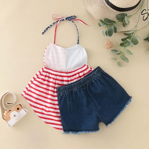 Vista 2 de TBUIALL Conjunto de ropa de Halloween para niñas pequeñas, sin mangas, día de la independencia, estrella, rayas, leggings para bebé, 3-6