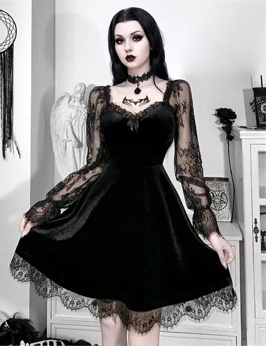 Vista 3 de LANSHULAN Vestido de manga larga de encaje negro drapeado bodycon gótico vintage vestidos ropa