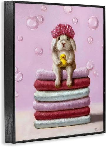 Vista 2 de Lindo conejo bebé en toallas de baño burbujas de jabón' Arte Giclée enmarcado