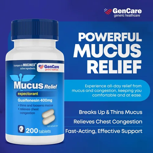 Vista 2 de GenCare Alivio de Mucosidad Expectorante Guaifenesina 400 mg 200 Tabletas Paquete de Valor - Acción Rápida para Diluir la Mucosidad para Resfriados