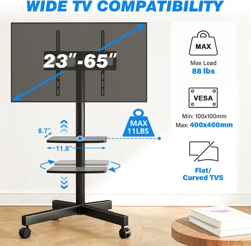 Vista 2 de Rfiver Carrito de TV móvil para televisores de pantalla plana LCD LED de 23 a 60 pulgadas de hasta 88 libras, altura ajustable, estante rodante