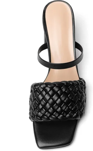 Vista 3 de Eldof Sandalias trenzadas cuadradas para mujer, puntera abierta, sin cordones, tacón de bloque, pantuflas tejidas de dos correas de tacón grueso