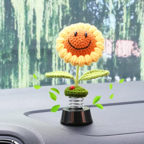 Vista 9 de Accesorios de girasol para automóvil, decoración de tablero de ganchillo, flores de sol sonriente agitadas, cabeza de bobblehead, decoración
