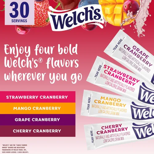 Vista 3 de Welch's Singles To Go! Paquete variado de mezcla de bebida de arándano, paquetes de sabor de agua sin azúcar, sin aspartamo, sin tintes