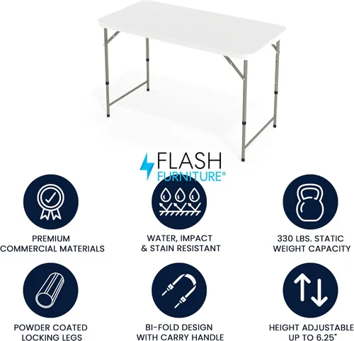 Vista 3 de Flash Furniture Mesa rectangular de plástico plegable de 4 pies con patas ajustables y asa de transporte, mesa de banquete portátil biplegable