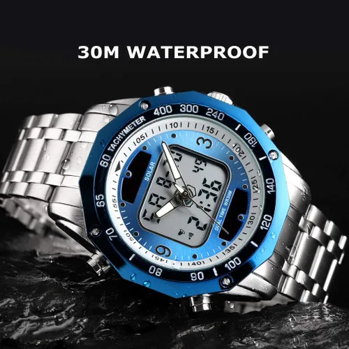 Vista 3 de VIGOROSO Reloj de pulsera analógico digital de cuarzo para hombre con energía solar y acero inoxidable
