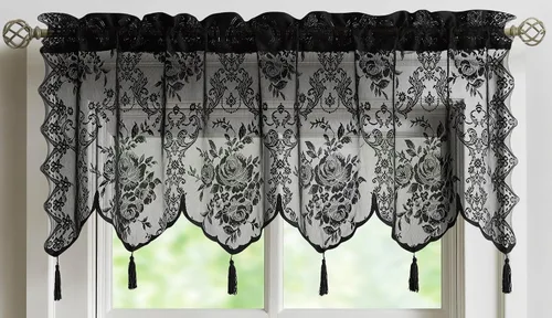 Vista 2 de LinenZone Cenefa de encaje transparente con 6 borlas y parte inferior festoneada para cocina, baño, comedor, sala de estar, dormitorio o sótano.