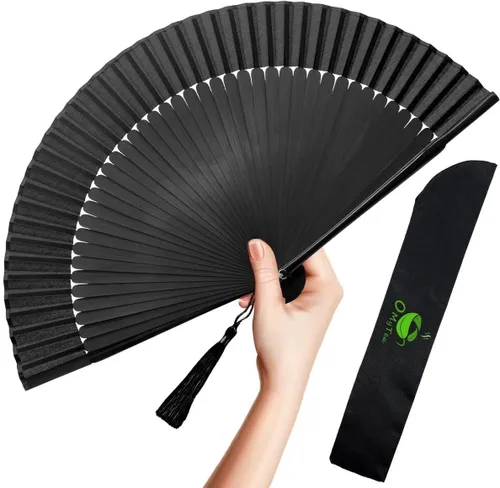 Vista 9 de OMyTea, abanico desplegable con motivo de flores de yuyos (8.27 pulgadas - 21 centímetros) con funda de tela para protección, estilo chino/japonés