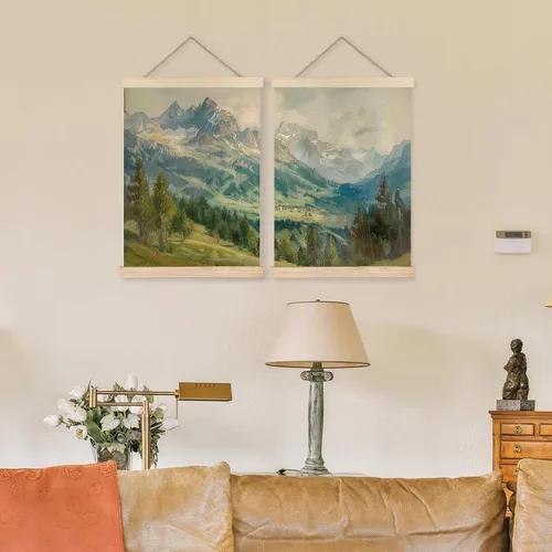 Vista 3 de bitCNY Juego de 2 lienzos de paisaje de montaña, 12 x 16 pulgadas, impresiones en lienzo vintage de bosque alpino, pósteres de pintura natural sin