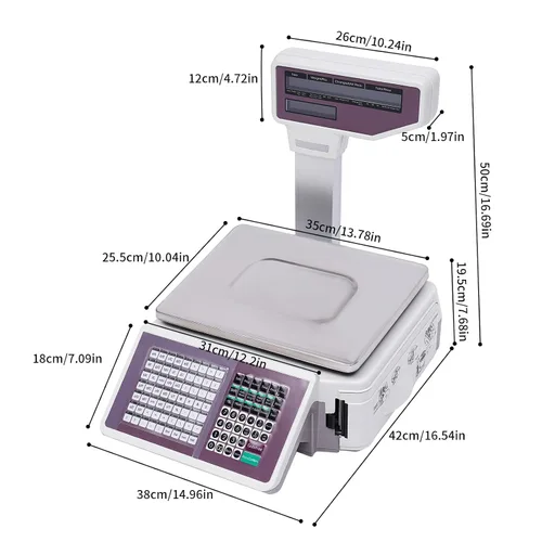 Vista 5 de Báscula digital de alimentos con impresora integral, 66 lbs/30 kg, pantalla LCD electrónica comercial precisa para alimentos, carne y fruta