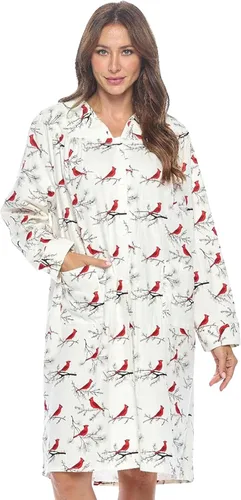 Vista 20 de Casual Nights Vestido largo de franela con botones florales en la parte delantera, manga larga, bata de casa holgada para mujer Floral azul