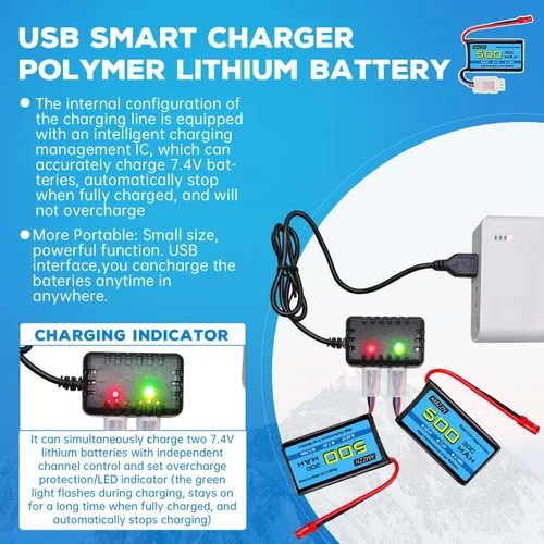 Vista 4 de 2 unids 7.4V 500mAh 30C JST-2P Plug Lipo batería con cargador 2 en 1 para vehículos RC