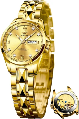 Vista 12 de OLEVS Reloj automático para mujer, color azul, dos tonos, fecha, reloj mecánico, calendario, reloj de pulsera impermeable con diamantes