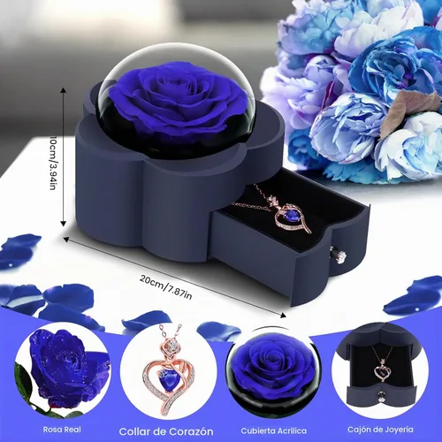 Vista 3 de Rosa preservada con collar de corazón, regalo de flor eterna para mamá, esposa, novia, mujer, perfecto para el día de San Valentín, cumpleaños, Azul