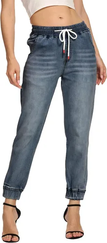 Vista 2 de V VOCNI Pantalones deportivos de mezclilla para mujer, con cordón en la cintura, bolsillos laterales, jeans casuales