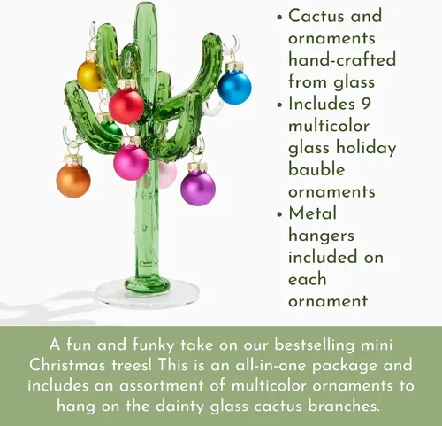 Vista 2 de Red Carpet Studios Árbol de cactus de cristal en miniatura con 9 adornos multicolores, 7 pulgadas de alto
