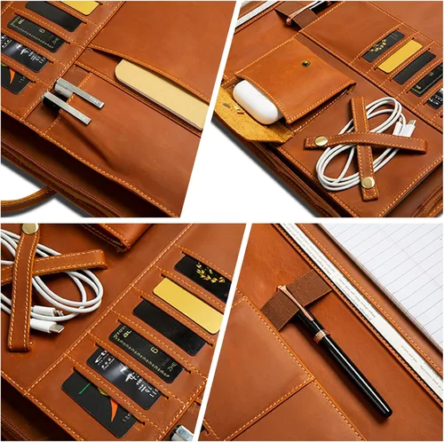 Vista 3 de Portafolio de Cuero Genuino, Organizador Padfolio con Asa, Padfolio Personalizado, Padfolio con Cremallera para Hombres y Mujeres, Adecuado
