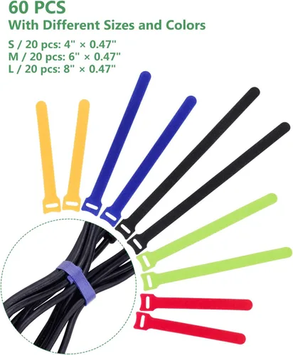 Vista 2 de OneLeaf 60 Piezas Bridas de Cable Reutilizables de Sujeción con Gancho y Bucle, Correas de Cable Multiusos Bridas de Alambre Gestión de Cables