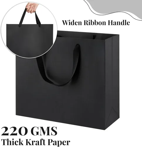 Vista 4 de Ohuimrt 6 bolsas grandes de regalo negras con asas, 12.5 x 4.5 x 11 pulgadas, bolsas de papel negro mate de alta calidad para fiestas, compras