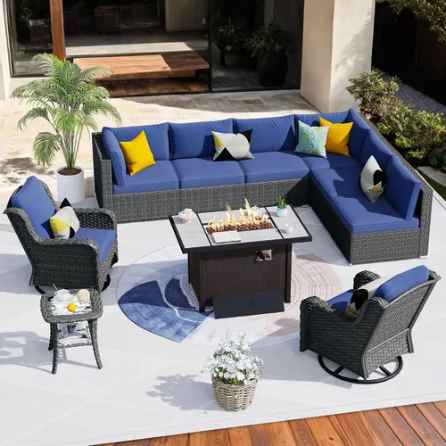 Vista 14 de HOOOWOOO Juego de sofá modular para patio al aire libre, 7 piezas en forma de U, juego de sofá de mimbre rústico para 6 personas, juego de Beige